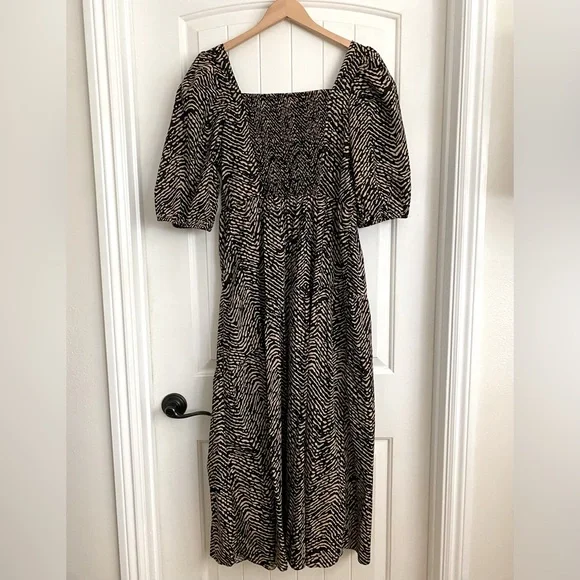 ♦️SOLD♦️ Mango Puff Sleeve Midi Dress Abstract Animal Print Black & Tan Size 10 - Picture 11 of 13